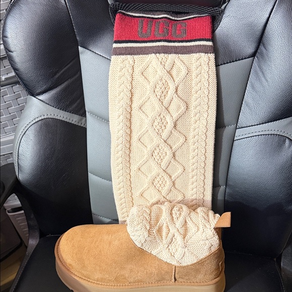 UGG Tan Suede Boots with Cream Knit Upper - Picture 3 of 4